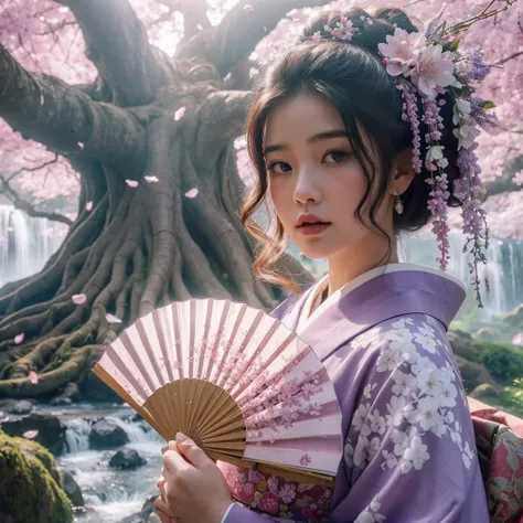 medium-shot,Surreal and strange fantasy style of beautiful young woman slighty chubby wearing a purple and white traditional kimono, looking down at the fan she is holding,her eyes is look on viewer, a giant tree behind her, in a garden with a waterfall an...