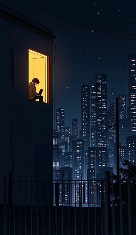 A anime guy wearing hoodie lone figure sits by an illuminated window(far angle view), working on a laptop in a closed fence place, overlooking a densely populated urban landscape. The scene is set at night, with a starry sky casting a serene glow over the ...