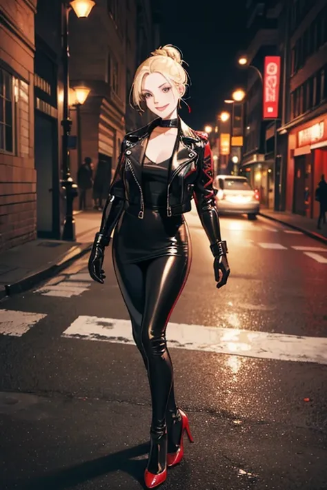 A mature woman with blonde hair tied up, wearing a black leather jacket, black patent leather leggings, red patent leather gloves, standing on the street at night and smiling gently　Prostitute　tobacco