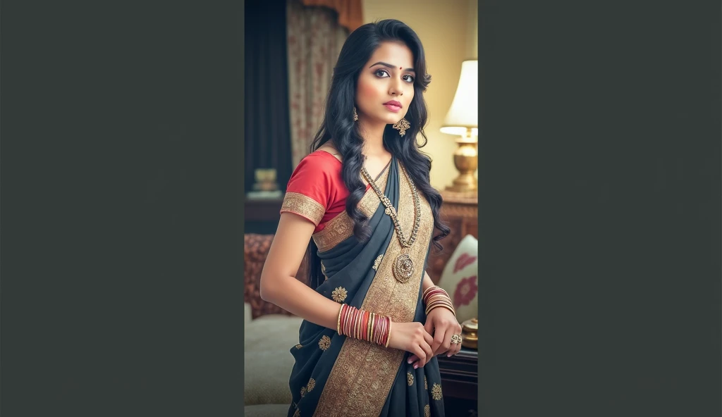 Heres a prompt to create an image of a female character from an Indian serial:

---

**Image Prompt:**

Create an image of a striking female character typical of an Indian TV serial. She should be in her mid-twenties, with long, lustrous black hair styled ...