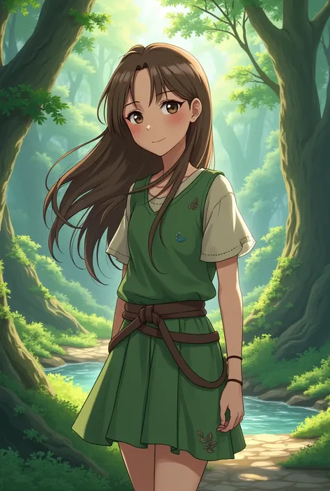 An 1 girl whose element is Earth and whose hair is brown, full body, anime style 