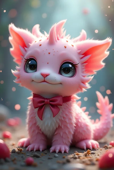 Create an Axolotl-Inspired Mythical Creature。.
Pink Dragon　Gray eyes　Emopan　cute　Really big sparkly eyes　Watery upward glance　that&#39;It&#39;s good to hear　I want to play with you　Active　glutton　Gourmet　fluffy　A deep pink ribbon around her neck