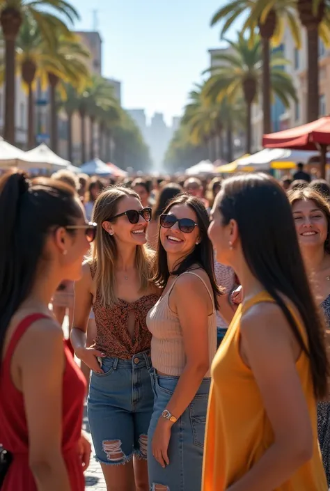 A  with her friends taking photos in a square full of women 