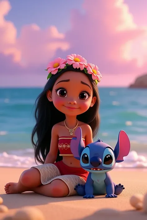 Moana cute, child , with a pink flower tiara on her head ,Sitting on the edge of the beach, with legs to the side, facing the screen,  behind her the blue sea, pink sky next to Moana Has Stitch on 4 legs
