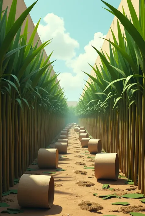 Sugarcane cultivation surrounded by high walls with cardboard protons in the form of cylinders on the ground