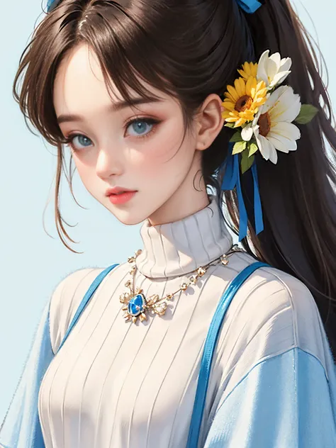 (masterpiece, best quality:1.2),flower arrangement art，watercolor painting，black irregular lines，a beautiful girl，Skin detail processing，The eyes are finely described，Delicate hair，ponytail，black high-neck sweater，White geometric pattern，Sweater details，ha...