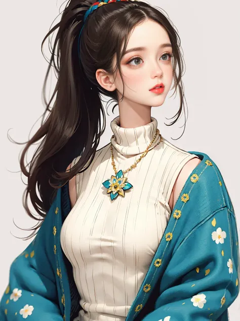 (masterpiece, best quality:1.2),flower arrangement art，watercolor painting，black irregular lines，a beautiful girl，Skin detail processing，The eyes are finely described，Delicate hair，ponytail，black high-neck sweater，White geometric pattern，Sweater details，ha...