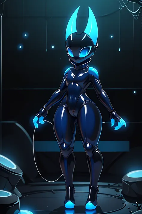 (masterpiece), ((perfect anatomy)), (high Res), (4k), hornet, ((insectoid)), ((segmented body)), ((insect body parts)), (((black enclosed helmet with a glowing blue visor))), black body, 3 fingers(index, middle and thumps), flat chest, wide hips, (((full b...