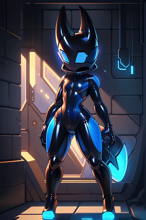 (masterpiece), ((perfect anatomy)), (high Res), (4k), hornet, ((insectoid)), ((segmented body)), ((insect body parts)), (((black enclosed helmet with a glowing blue visor))), black body, 3 fingers(index, middle and thumps), flat chest, wide hips, (((full b...