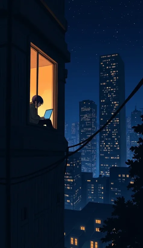 A anime guy wearing hoodie lone figure sits by an illuminated window(far angle view), working on a laptop  overlooking a densely populated urban landscape. The scene is set at night, with a starry sky casting a serene glow over the city and with detailed c...