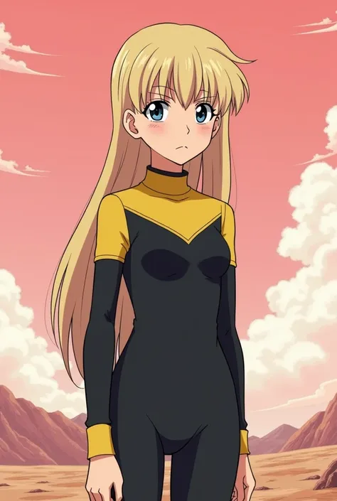 Young girl, blonde hair long, blue colored eyes, black long body-hugging one-piece outfit, with yellow details, yellow top of the outfit, serious face, serious expression, Clear Pink Sky, white clouds in the background, seen from a distance, full body view...