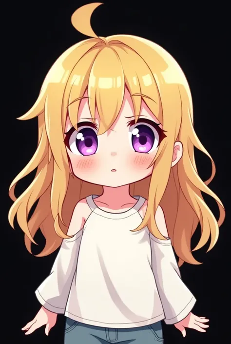  Anime girl , blonde hair , long wavy hair , purple eyes , friendly eyes , open shoulders long sleeve t shirt , white t shirt , angry , blush , blank black background , chibi