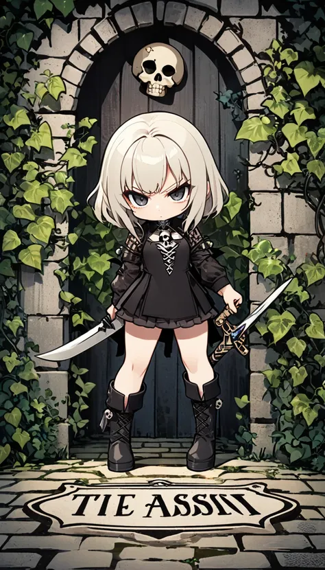 ultra-small deformation, chibi cute, 1girl, solo, full body, "the assassin" text, tarot card style, a girl wearing a black mini ...