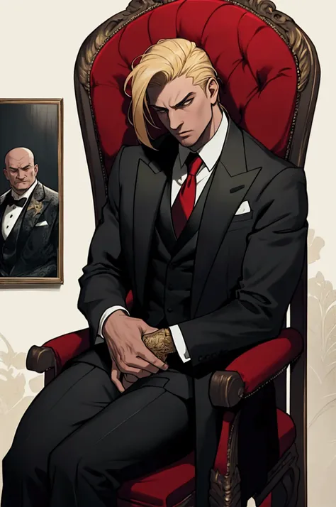 A striking and powerful movie poster featuring a young, handsome Mafia Boss exuding confidence as he sits in a luxurious boss chair. He is impeccably dressed in a stylish, tailored suit with a red tie. Behind him stands a beautiful young blond man in suit,...