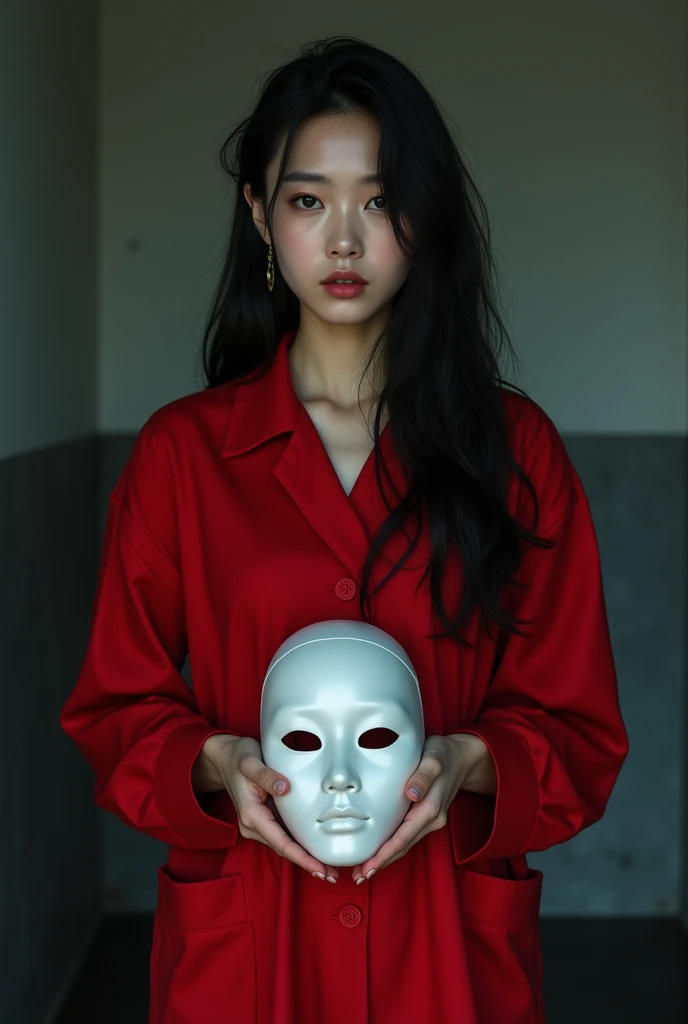 Pretty solo korean women  
in prison with tag name kira with red outfit and holding a white mask
