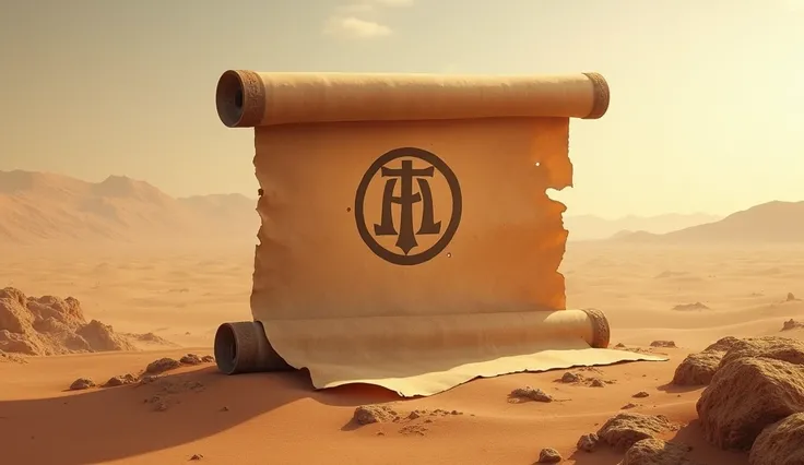 Images of an ancient scroll being opened, with the Logo next, show a desert landscape with hills in the background.