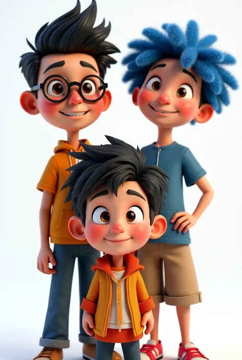 create 1 boy with black hair, 1 boy with glasses, and a girl with short blue curly hair... All aged 19. White background, 3d style, disney, pixar and cartoon