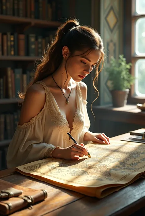 (((mature))) elf woman, brown hair, ponytail hairstyle, blue eyes, wearing an elvish silk dress, studying old maps