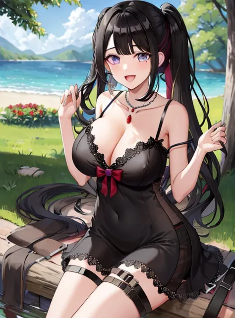 ​masterpiece, top-quality, hight resolution, HMKM1, poneyTail, Mole under the eyes, cleavage of the breast, jewely, a necklace, Hairsh, strap slip, blackdress, thigh strap, plein air, grassy, the woods, wariza, wave her hand, a smile, open open mouth,（Beau...