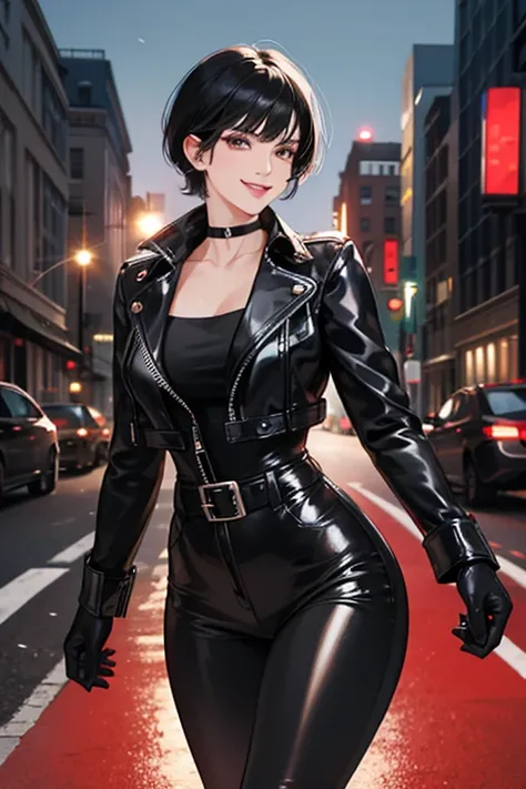 A mature woman with short black hair and bangs is wearing a black leather jacket, black patent leather leggings, red patent leather gloves, and is smiling gently on the street at night.　Prostitute　tobacco