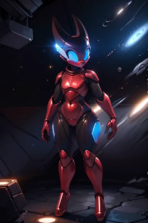 (masterpiece), ((perfect anatomy)), (high Res), (4k), hornet, ((insectoid)), ((segmented body)), ((insect body parts)), (((black enclosed helmet with a glowing blue visor))), black body, 3 fingers(index, middle and thumps), flat chest, wide hips, (((full b...