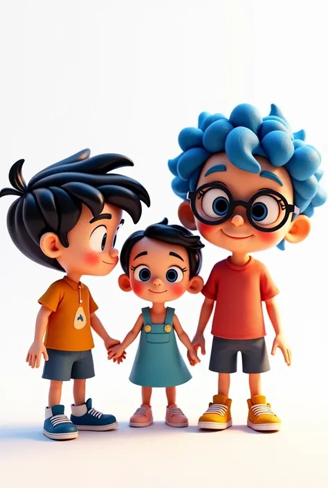 create 1 boy with black hair, 1 boy with glasses, and a girl with short blue curly hair... White background, 3d style, disney, pixar and cartoon