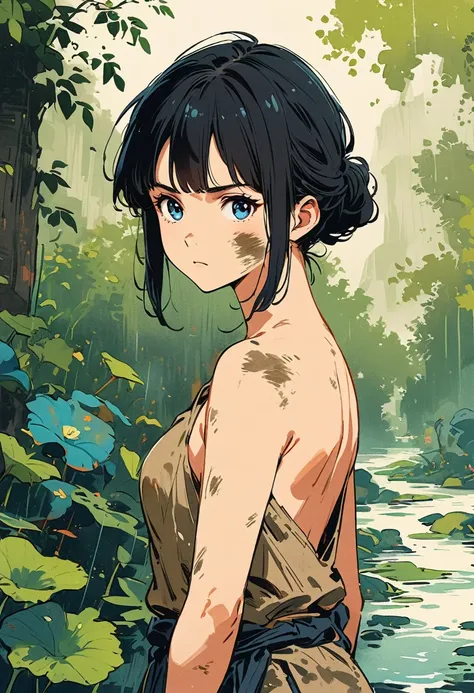 ink style, A cartoon style illustration of a woman, 20 years old, very beautiful, blue eyes, black hair, confused look, shirtless, serious look, dirty with mud on her face (Ghibli-type colors, UHD, masterpiece, precise , anatomically correct, textured). sk...