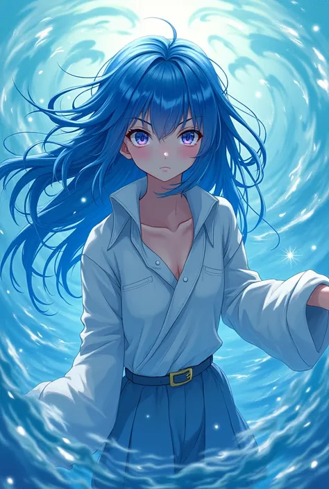 An 1 teenager whose power is the element of Water and whose hair is full-body Anime style Blue 