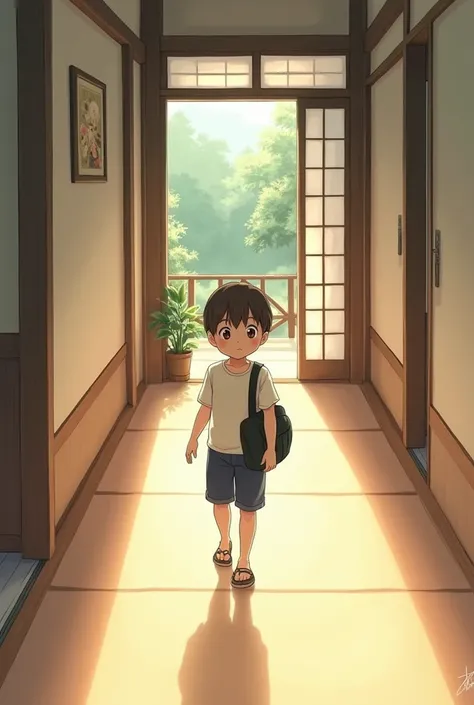 Young boy in anime walking to his room 