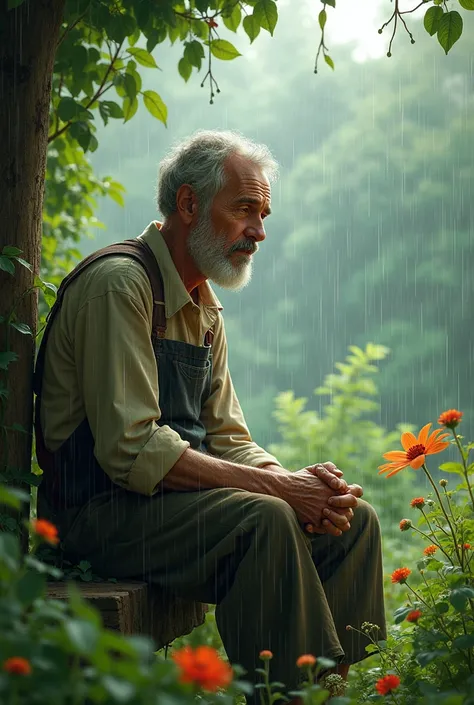 Gardener resting in the rain