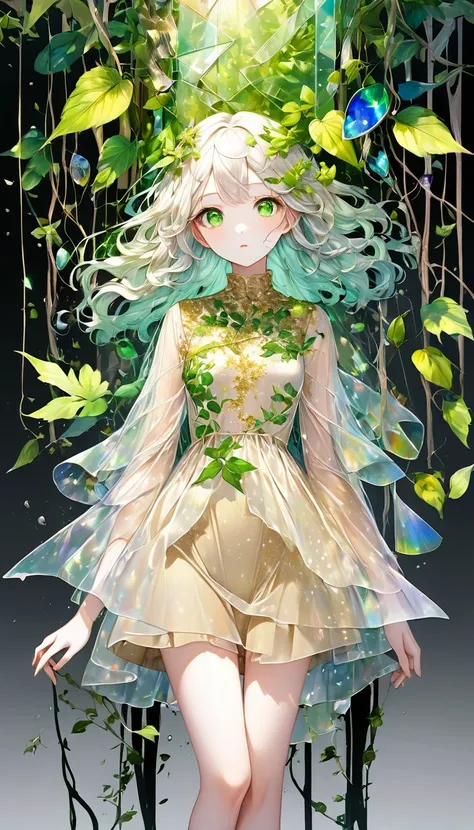 fusion of acrylic and collage paintings, high and fine artwork, beautiful and cute lady, ivory wavy hime cut, makeup, fresh green leaves and vines pasted on the body, super proportions, shattered iridescent glass, background different dimension, different ...