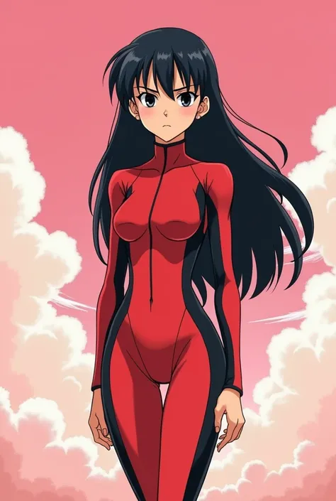 Young girl, long black hair, black eyes, red long body-hugging one-piece outfit, with black details, serious face, serious expression, Clear Pink Sky, white clouds in the background, seen from a distance, full body view, 90s anime style, desaturated colors...