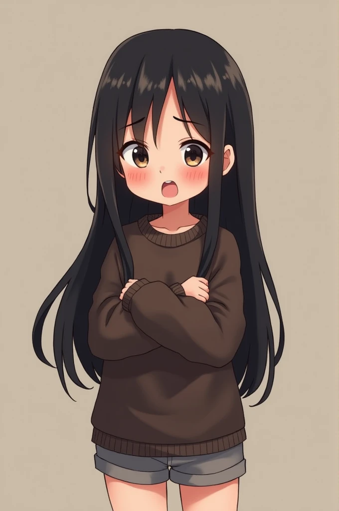 A girl with black hair. Dark brown sweater. gray shorts. Embarrassed look and farting 