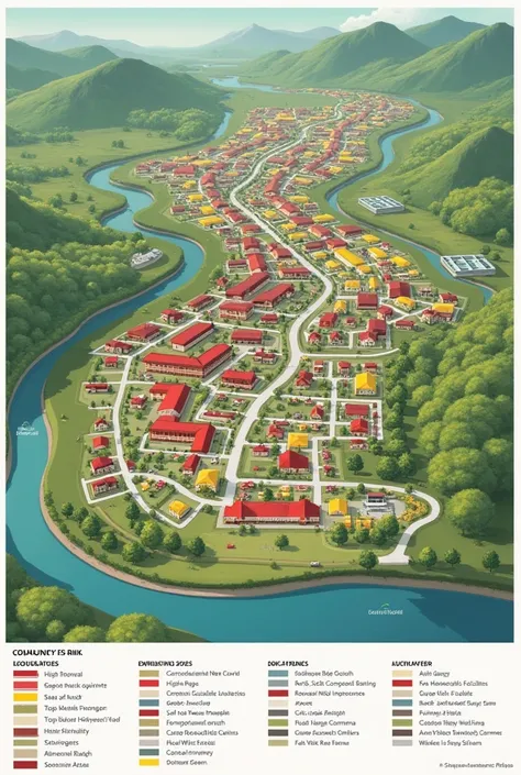 Create a risk map of a small community with its zones and a small table indicating the location of each place using a specific color.