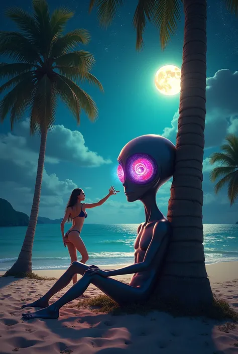 A Martian with galaxy eyes smoking marijuana on the beach, leaning against a palm tree, at night and the sky with hallucinogenic colors and a girl grinding in a bikini 