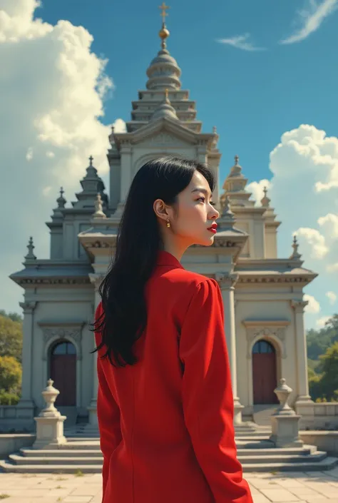 An extremely beautiful Asian girl, wearing a bright red office outfit, is standing in a church yard, her mind wandering about a past love. The ancient temple, solemn under the blue sky, white clouds rolling. The photo shows the girls inner feelings.