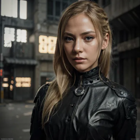 a beautiful detailed portrait of Aya Brea, intricate detailed face, beautiful detailed eyes, long eyelashes, beautiful detailed lips, porcelain skin, blonde hair, serious expression, confident pose, black leather outfit, tactical gear, post-apocalyptic cit...