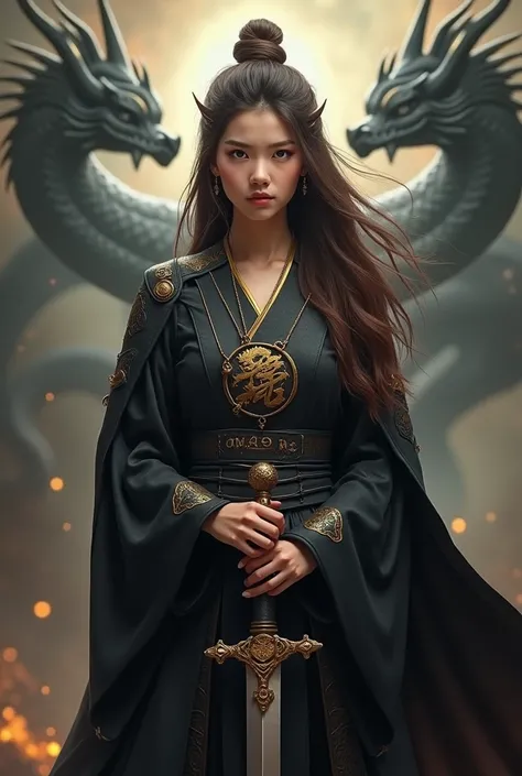 A korean girl that looks like a dragon warrior with a black and gold clothes with a cape and holding a sword and a logo "DDRAGONS" on her clothes, the background should be mystical and with dragons. She has a necklace with “Aria" imprinted. She was facing ...