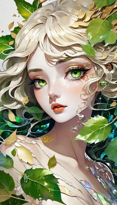 fusion of acrylic and collage paintings, high and fine artwork, beautiful and cute lady, ivory wavy hime cut, makeup, fresh gree...