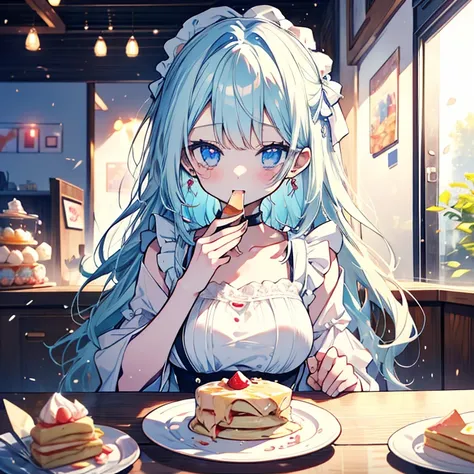 I want to eat sweets(*´﹃｀*)I want to eat cake。Pudding is good too。Parfait is good too。I want to eat ice cream too。Pancakes are good too。Pale blue sweets、1 girl、Mature、Ample breasts、Maid clothes、choker、Earrings