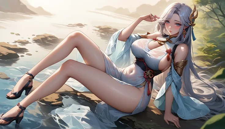 high quality,HD,16K,Sharp Line,1 Girl,fantasy, （Ice and Fire Elf）,Pretty Face, Large Breasts, Beautiful legs,In the water,Focus Girl,detailed Pretty Face,Detailed clothes,beautiful eyes,Cool,Sexy,Dynamic Angle,穿着华服的神明Strike a pose拍照, Ancient mysterious sex...