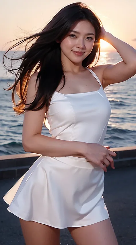 detailed,Clear lines,Highest quality, masterpiece,Bright and dark light,Big Sunset、Canon Photo Crystal Clear ,（Realistically:1.2）, (Casual Mini Skirt Dress)、Action pose、Cowboy Shot、A sloppy smile、Glamour body type、Medium Long Hair、((Wind))