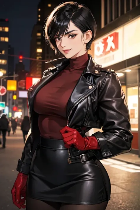 A muscular mature woman with short black hair and a gentle smile standing on the street at night wearing a black leather jacket, a black enamel tight skirt, and red enamel gloves　Prostitute　tobacco　Black pantyhose