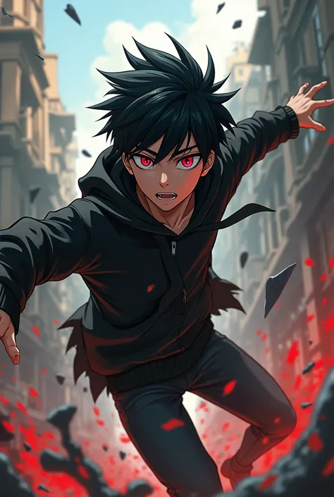 Anime boy , Spiky hair , black hair , black hoodie , red eyes , narrowed eye , destructive environment , fighting zombies