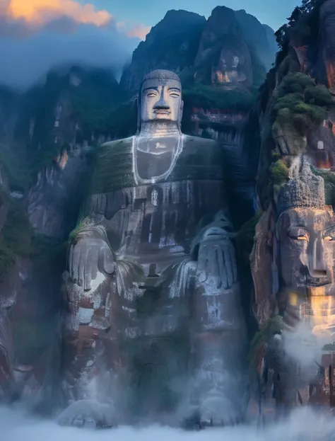 Majestic ancient rock statues carved into a towering mountain peak, Surrounded by fog and shadows, The two sides are surrounded by rugged cliffs. The setting sun casts a warm glow on the mountains in the background, Create a peaceful and mysterious atmosph...