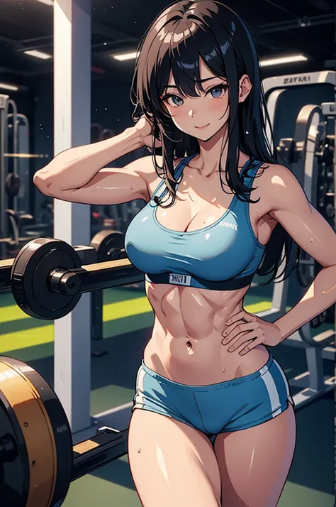 best quality, 8k, very delicate and beautiful, highly detailed face and skin texture, shiny skin, high resolution, big tits long hair japanese woman in sport bra and thigh short pants with abs and muscle smile at gym, wet body, sharp focus