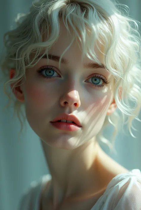 A woman with short curly light hair, drooping but pretty eyes, a small nose, a medium-sized and long mouth, thin lips, and a pronounced jaw.