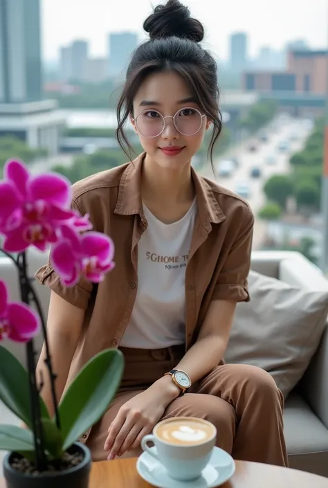 Beautiful Korean Women , smooth white skin, well-groomed face,black hair ,piled up,,ala korea,senyum tipis, Brown short shirt white t-shirt with logo (feel) brown knee length cargo pants ,wristwatch ,kaca mata bening,, pose sitting with eyes facing the cam...