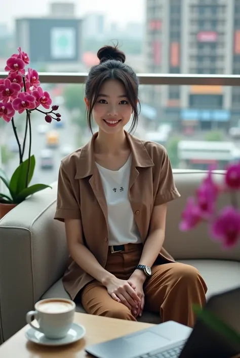 Beautiful Korean Women , smooth white skin, well-groomed face,black hair ,piled up,,ala korea,senyum tipis, Brown short shirt white t-shirt with logo (feel) brown knee length cargo pants ,wristwatch , pose sitting with eyes facing the camera,smile,sitting ...