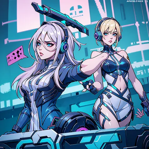 sensual model pose blonde silver hair skin, gamer, headphones, (cosplay no aria from mobile legends)